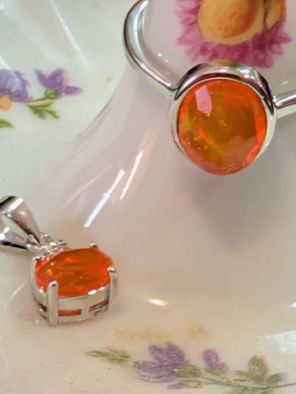 Sterling Silver natural orange Opal ring and pendant